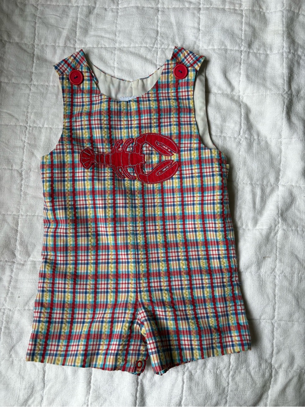 Vintage Kelly’s Kids Red Plaid Shorts Romper Lobster Appliqué Baby Boy 18 Months